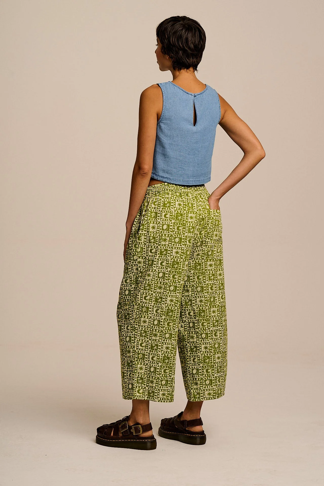 Chuck - Wide Leg Cotton Trousers in Green Celestial Checkerboard - Image 5