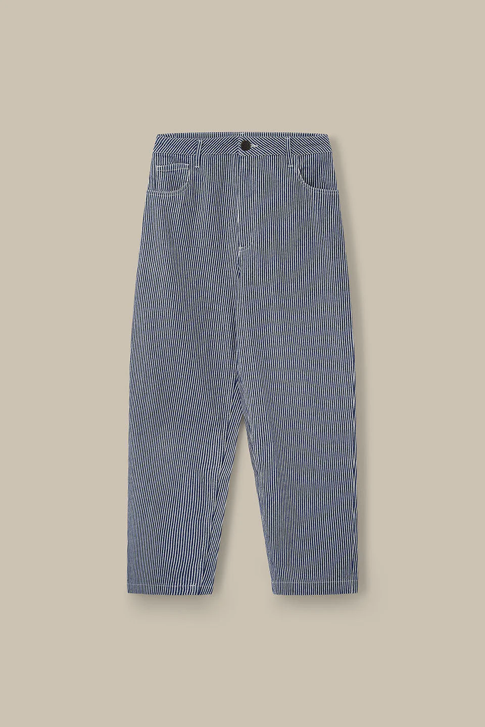Drew - Cropped Straight Leg Cotton Trousers in Navy Stripe - Image 5