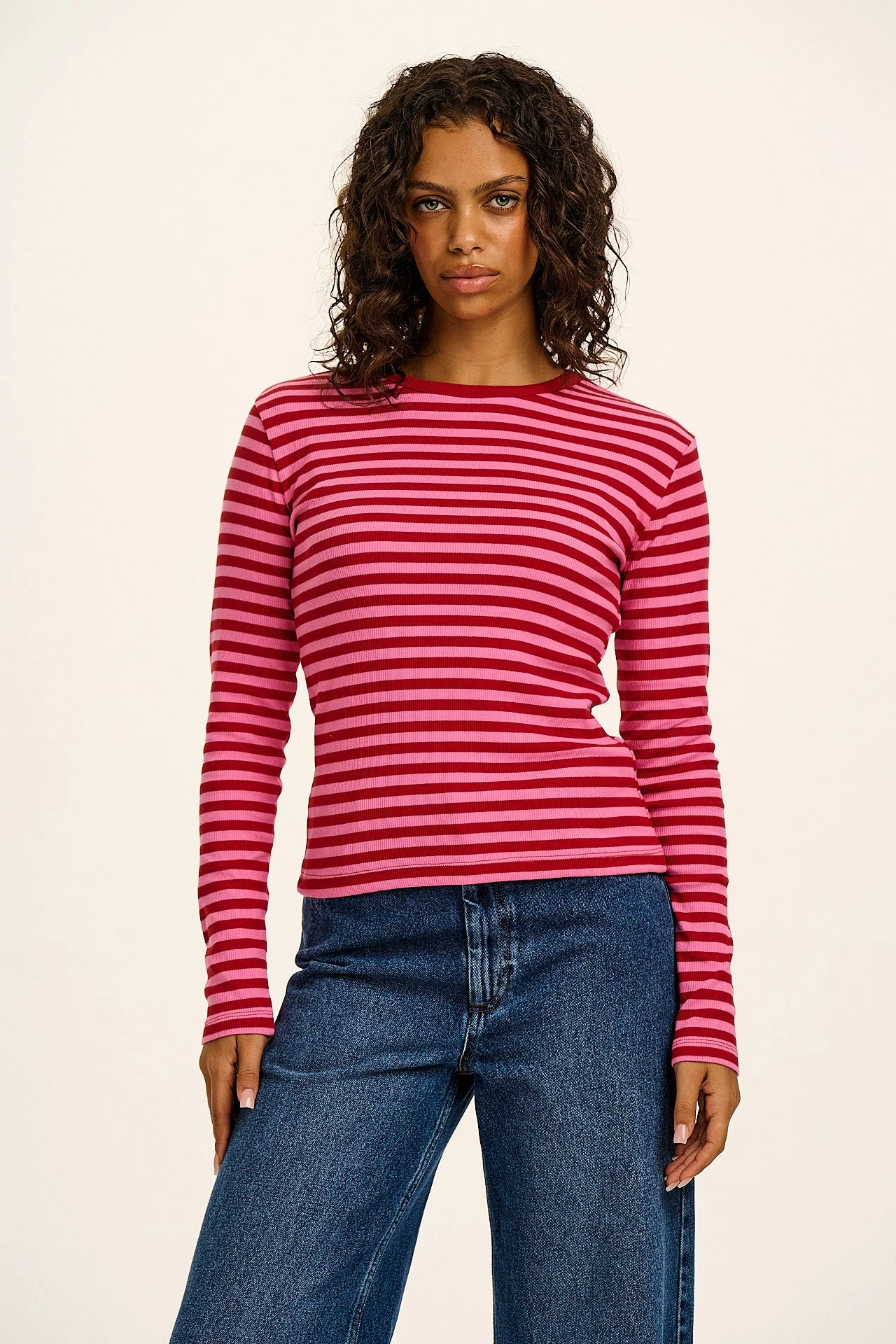 Grayson - Long Sleeve Cotton Tee in Pink & Red Stripe - Image 3