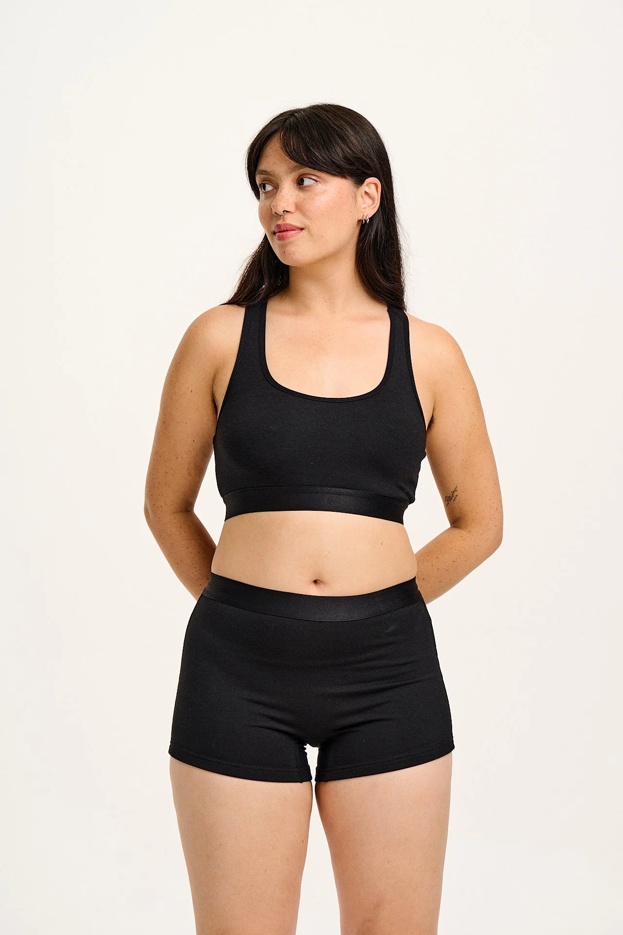 Iona - Cotton & Bamboo Racer Back Crop Top in Black - Image 5
