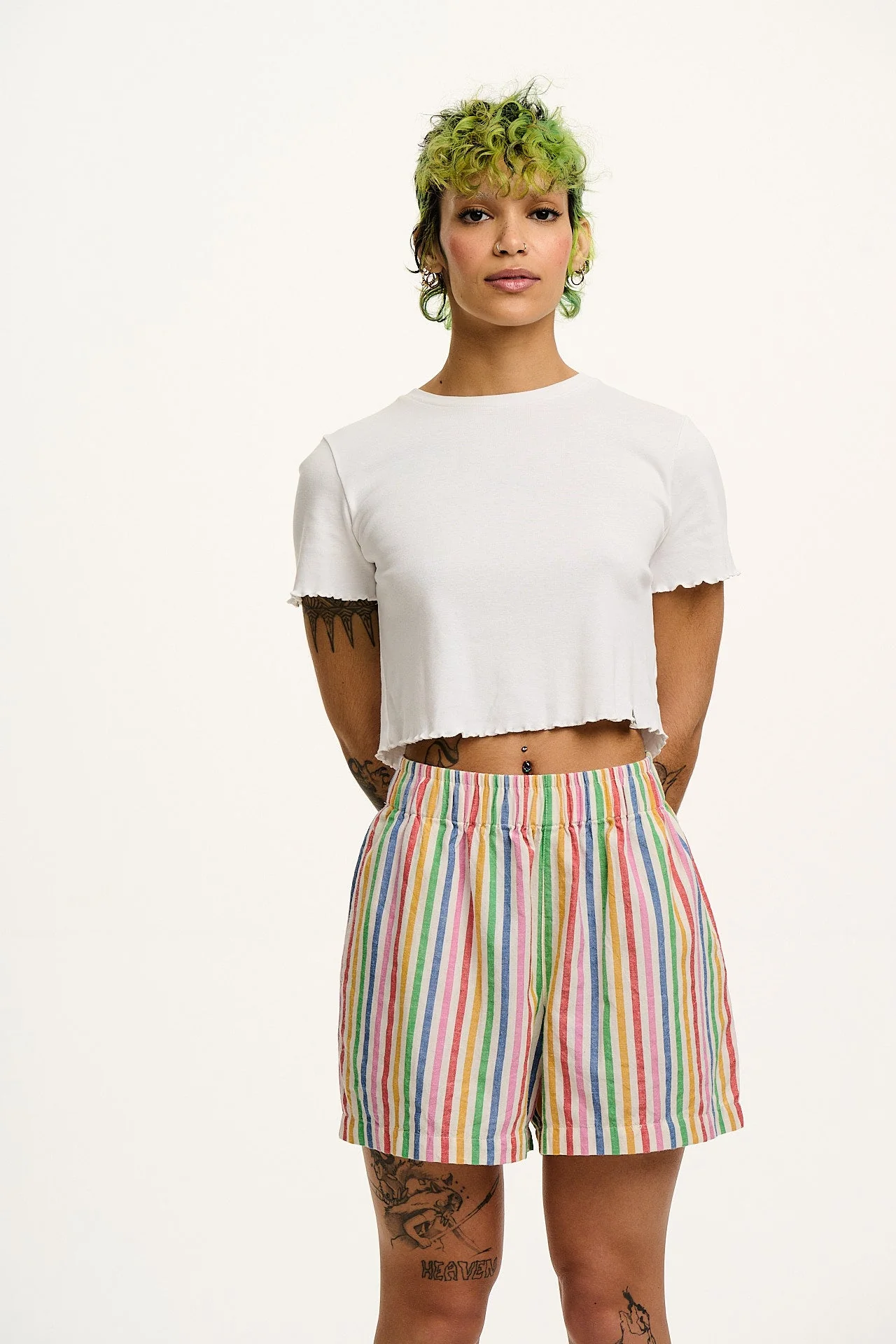 Jessie - Cotton & Linen Shorts in Rainbow Stripe - Image 5