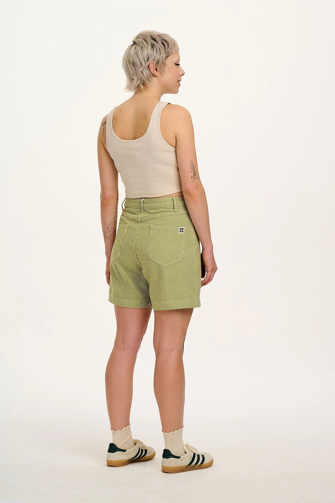 Lexi - High Waist Cotton Shorts in Green Hickory Stripe - Image 6
