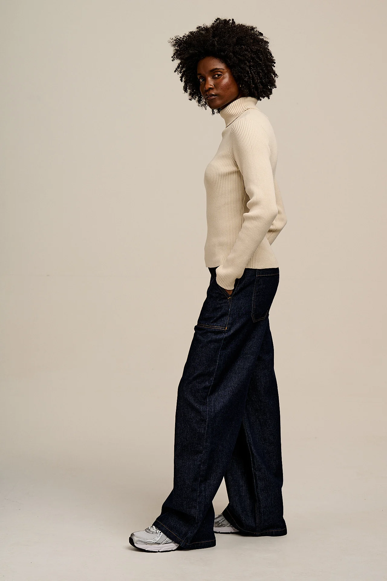 Eva - Cotton Funnel Neck Long Sleeve Top in Pearl - Image 5