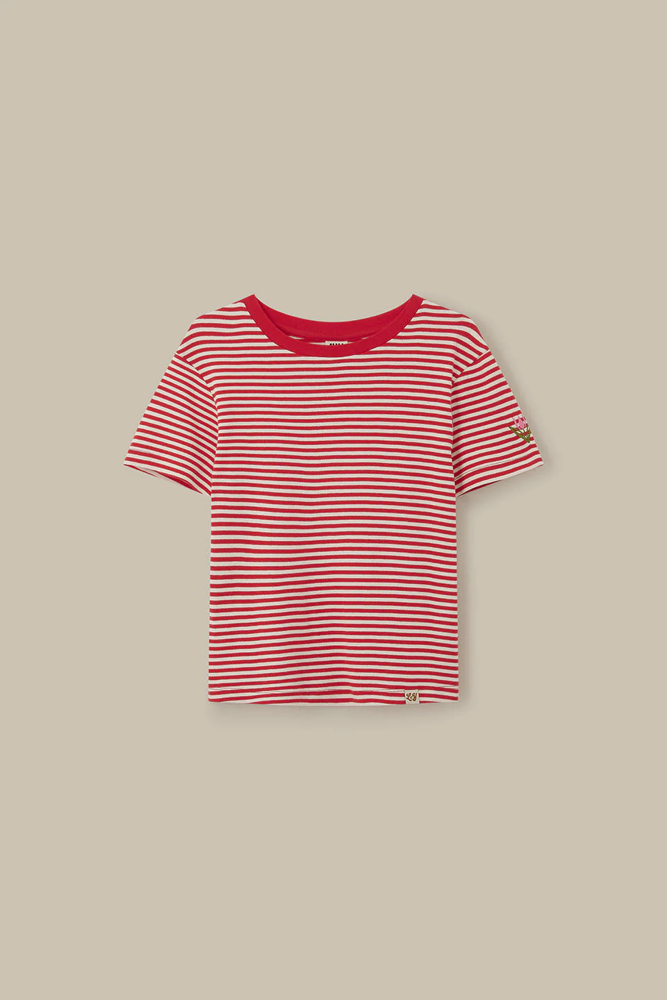 Maya - Cotton T-Shirt in Red & Ecru Stripe with Tulip Embroidery - Image 3