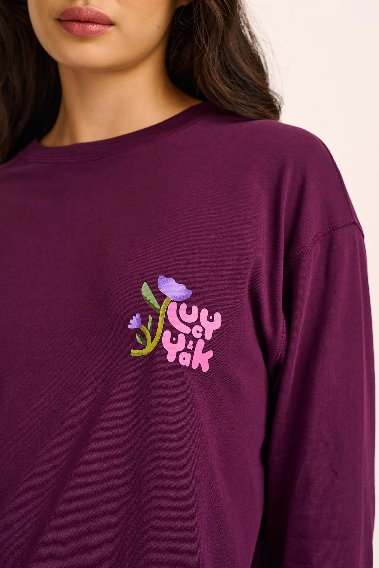 Murat - Long Sleeve Lightweight Cotton T-Shirt in Purple Flowers & Characters - Image 5