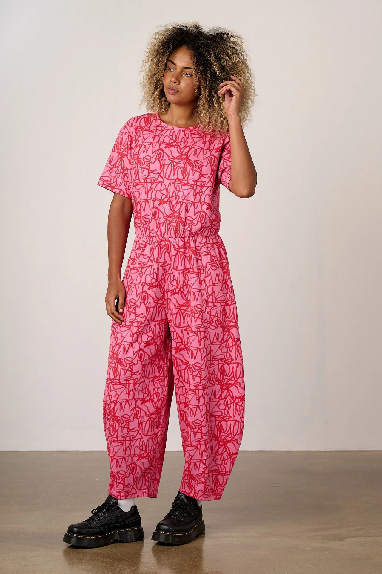 Nova - Barrel Leg Cotton Jersey Jumpsuit in Pink Graffiti - Image 4