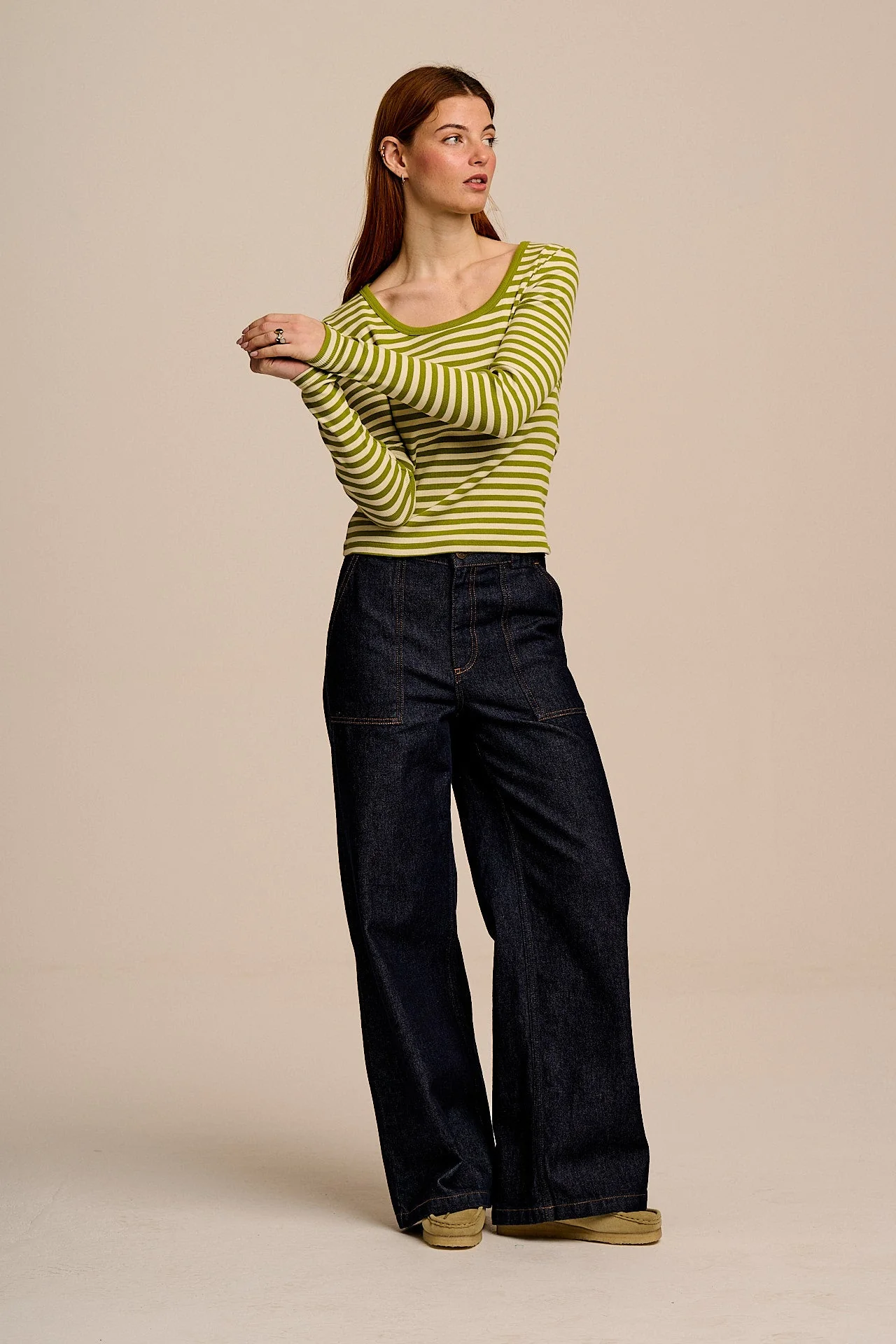 Remy - Ribbed Cotton Scoop Neck Long Sleeve Top in Green & Ecru Stripe - Image 4
