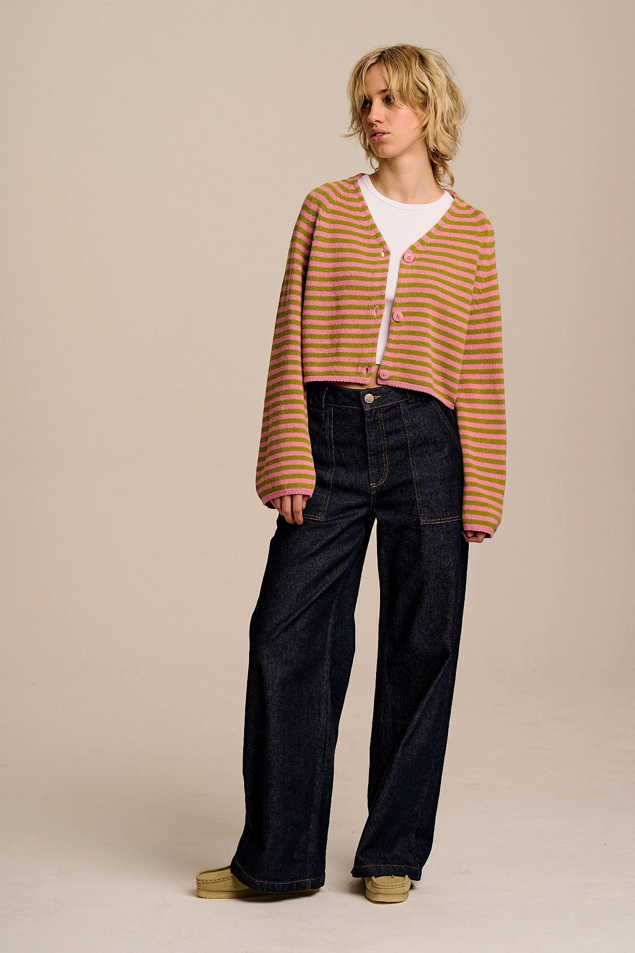 Robyn - V-Neck Cotton Cardigan in Green and Pink Stripe - Image 5