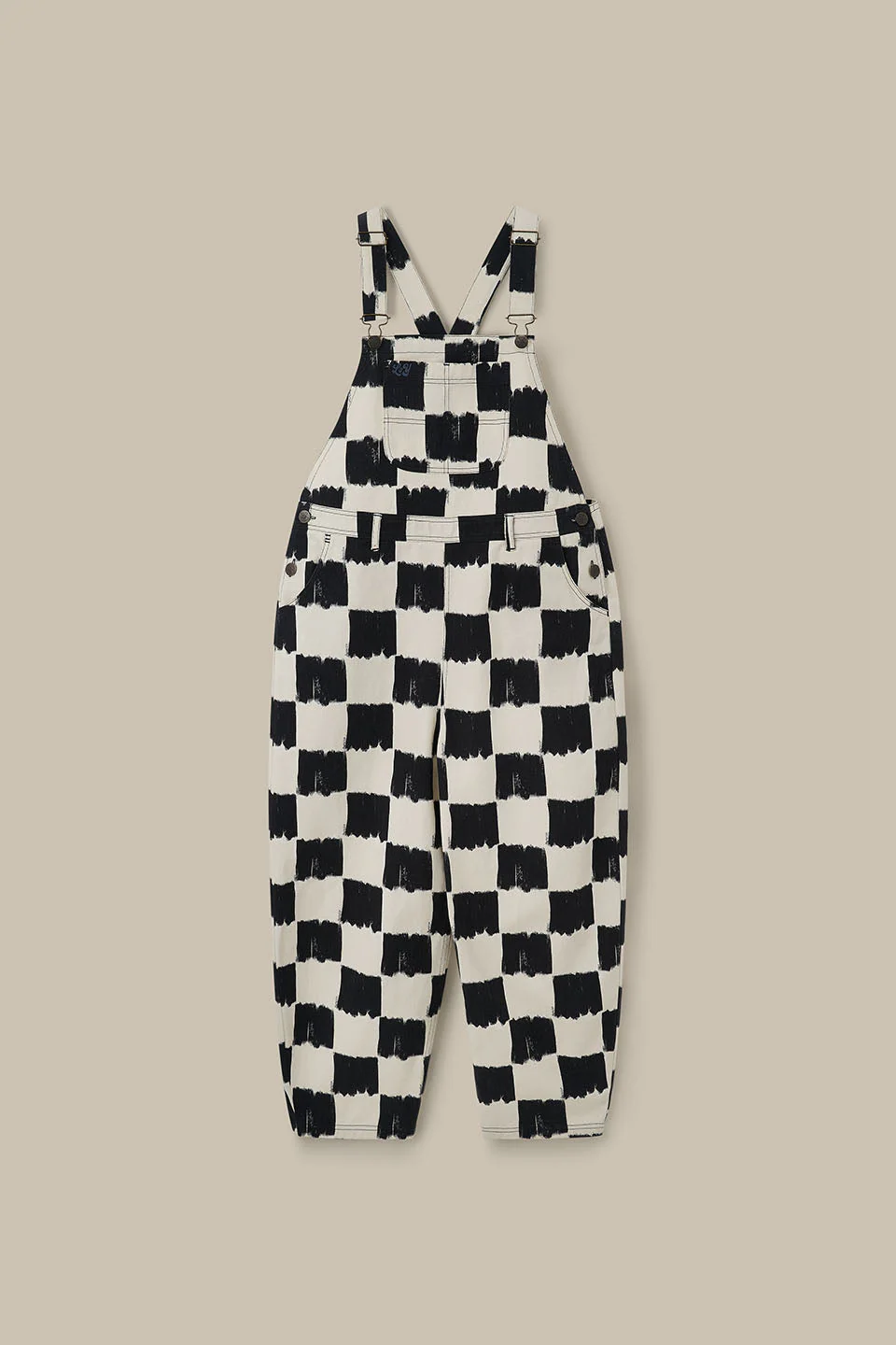 Toluca - Cotton Barrel Leg Dungarees in Black and Ecru Blurred Checkerboard - Image 2